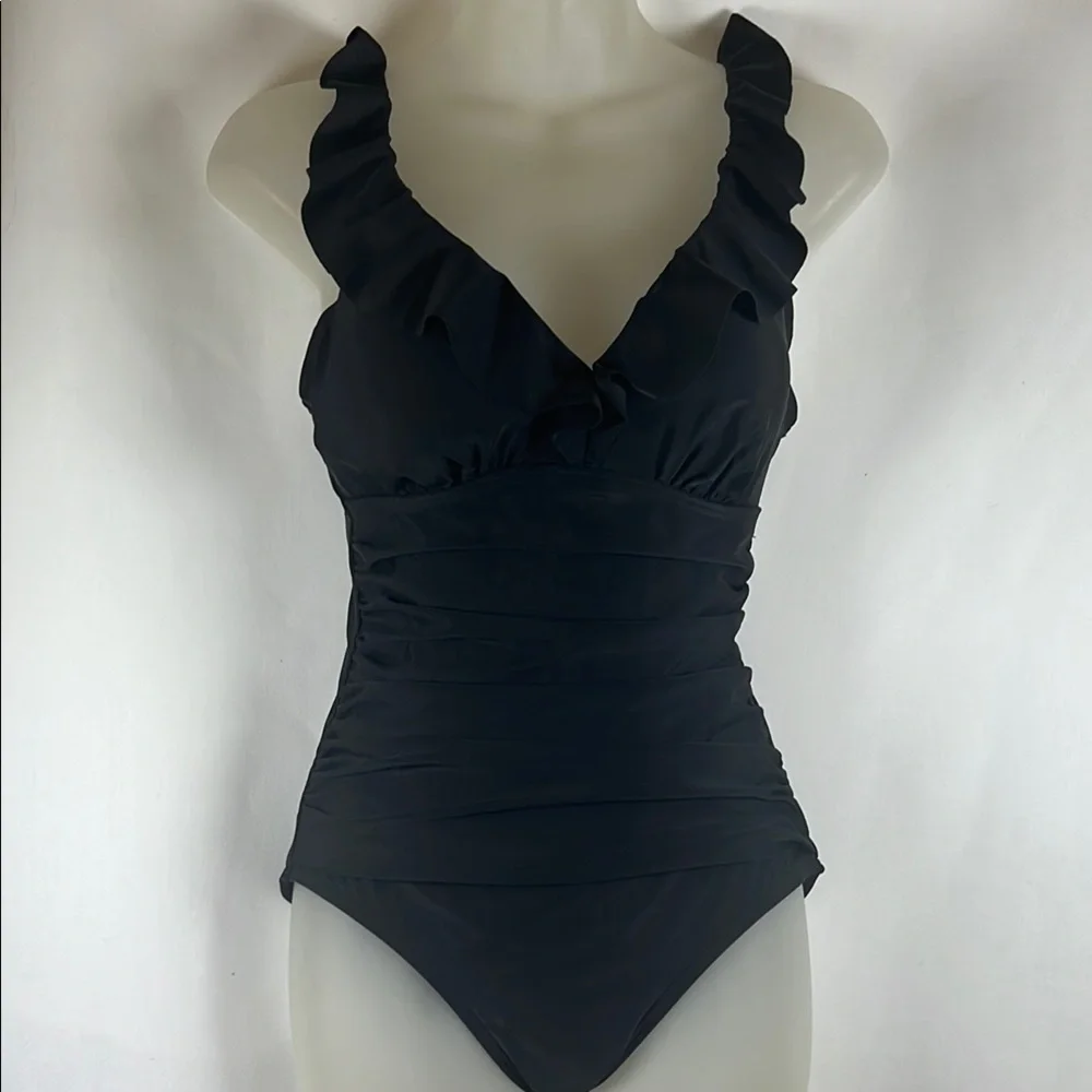 DKNY Ruffle Plunge One-Piece Swimsuit Women's Size 6 Black NWOT - Picture 3 of 7